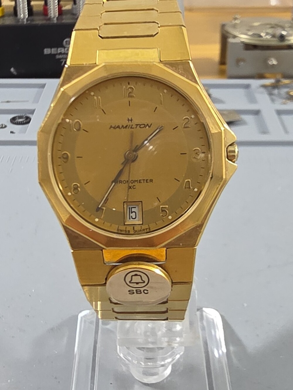 Hamilton Chronometer XC Quartz Wristwatch Date Gold Tone Octagon Bracelet